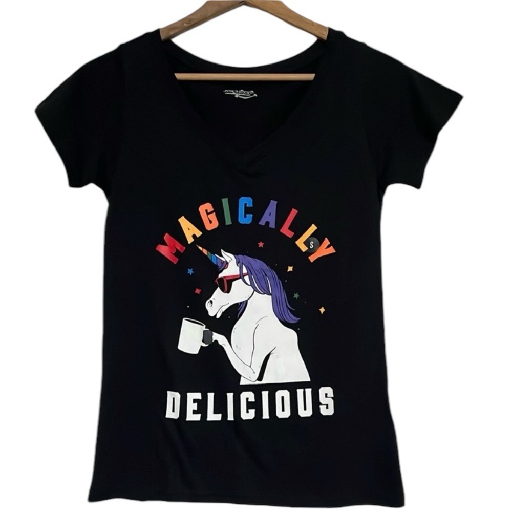 Joe Boxer Magically Delicious Unicorn Rainbow Top Black Short Sleeve Size Small